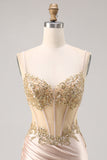 Champagne Satin Corset Graduation Dress with Sequins