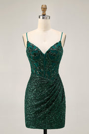 Sparkly Bodycon Dark Green Sequins Corset Graduation Dress