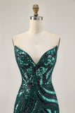 Dark Green Sparkly Strapless Sequins Tight Graduation Dress