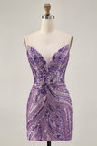 Sparkly Sequins Purple Strapless Tight Short Graduation Dress