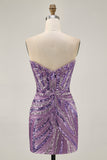 Sparkly Sequins Purple Strapless Tight Short Graduation Dress