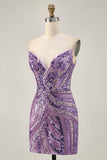 Sparkly Sequins Purple Strapless Tight Short Graduation Dress
