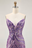 Sparkly Sequins Purple Strapless Tight Short Graduation Dress