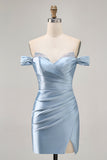 Grey Blue Off The Shoulder Satin Ruched Bodycon Graduation Dress with Slit