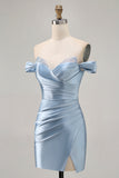 Grey Blue Off The Shoulder Satin Ruched Bodycon Graduation Dress with Slit