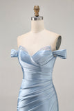Grey Blue Off The Shoulder Satin Ruched Bodycon Graduation Dress with Slit