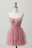 Dusty Rose A-Line Strapless Tiered Tulle Short Graduation Dress with Beading