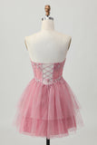 Dusty Rose A-Line Strapless Tiered Tulle Short Graduation Dress with Beading