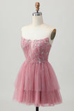 Dusty Rose A-Line Strapless Tiered Tulle Short Graduation Dress with Beading