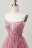 Dusty Rose A-Line Strapless Tiered Tulle Short Graduation Dress with Beading