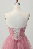 Dusty Rose A-Line Strapless Tiered Tulle Short Graduation Dress with Beading