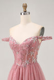 Off The Shoulder Dusty Rose Floral A Line Graduation Dress