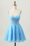 A Line Blue Short Corset Graduation Dress with Appliques