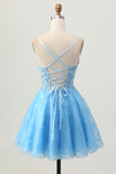 A Line Blue Short Corset Graduation Dress with Appliques