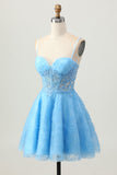 A Line Blue Short Corset Graduation Dress with Appliques