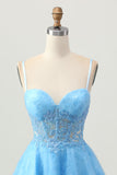 A Line Blue Short Corset Graduation Dress with Appliques