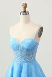 A Line Blue Short Corset Graduation Dress with Appliques