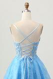 A Line Blue Short Corset Graduation Dress with Appliques