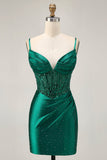 Dark Green Bodycon Corset Sequins Satin Graduation Dress