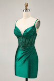 Dark Green Bodycon Corset Sequins Satin Graduation Dress