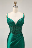 Dark Green Bodycon Corset Sequins Satin Graduation Dress