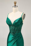 Dark Green Bodycon Corset Sequins Satin Graduation Dress