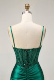 Dark Green Bodycon Corset Sequins Satin Graduation Dress