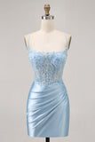 Blue Bodycon Sequins Corset Beaded Graduation Dress with Appliques