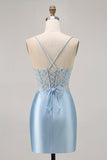 Blue Bodycon Sequins Corset Beaded Graduation Dress with Appliques