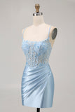 Blue Bodycon Sequins Corset Beaded Graduation Dress with Appliques