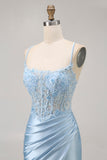 Blue Bodycon Sequins Corset Beaded Graduation Dress with Appliques