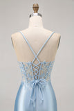 Blue Bodycon Sequins Corset Beaded Graduation Dress with Appliques