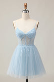 Light Blue A Line Beaded Short Sequins Graduation Dress with Lace Up Back