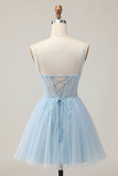 Light Blue A Line Beaded Short Sequins Graduation Dress with Lace Up Back
