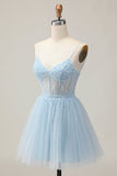 Light Blue A Line Beaded Short Sequins Graduation Dress with Lace Up Back