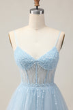 Light Blue A Line Beaded Short Sequins Graduation Dress with Lace Up Back