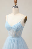 Light Blue A Line Beaded Short Sequins Graduation Dress with Lace Up Back