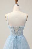 Light Blue A Line Beaded Short Sequins Graduation Dress with Lace Up Back