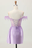 Lilac Sequins Cold Shoulder Beaded Corset Short Graduation Dress