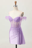 Lilac Sequins Cold Shoulder Beaded Corset Short Graduation Dress