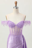 Lilac Sequins Cold Shoulder Beaded Corset Short Graduation Dress