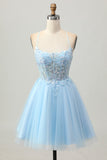A Line Light Blue Short Appliqued Corset Graduation Dress