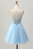 A Line Light Blue Short Appliqued Corset Graduation Dress