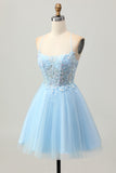 A Line Light Blue Short Appliqued Corset Graduation Dress