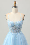 A Line Light Blue Short Appliqued Corset Graduation Dress