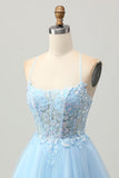 A Line Light Blue Short Appliqued Corset Graduation Dress