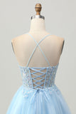 A Line Light Blue Short Appliqued Corset Graduation Dress