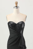 Black Strapless Corset Bodycon Beaded Graduation Dress with Slit