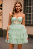 Light Green A Line Strapless Corset Tiered Short Graduation Dress