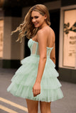 Light Green A Line Strapless Corset Tiered Short Graduation Dress